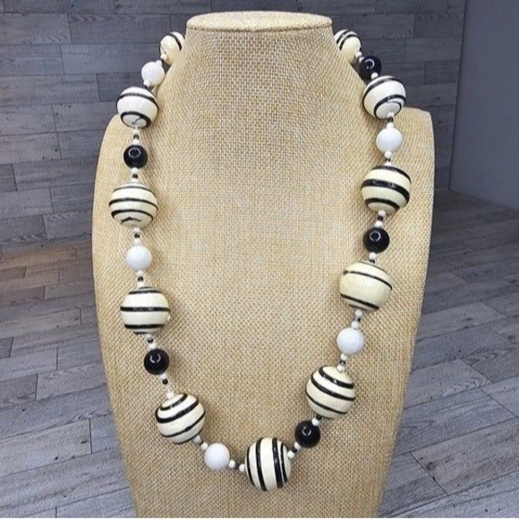 Vintage Paper Mache White and Black Beaded Necklace Stamped Japan 27"L - Picture 1 of 5
